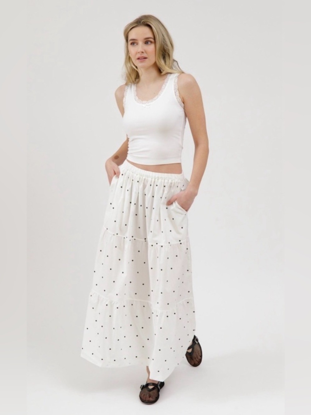 Brunette The Label White Maxi Skirt with Black Polka Dots